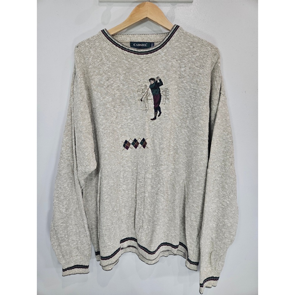 Carmel Golf Sweater Mens XXXLT Oatmeal Textured Knit Embroidered Made in USA